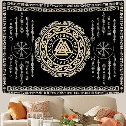 OSUNBD Viking Tapestry Meditation Runes Ancient Art Norse Mythology Flannel Tapestry Vegvisir Symbol Amulet Wall Hanging Art Hanging Decor Large Size 78.7”x59.1” for Bedroom Living Room Dorm