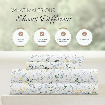 Linen Market 4 Piece Queen Sheet Set - Breathable, Double-Brushed Patterned Cooling Sheets – Oeko-TEX Certified Ultra Soft & Wrinkle-Free 16" Deep-Pocket Queen Sheets - Easy Care Wildflower Blue