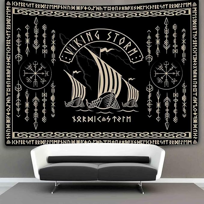 OSUNBD Viking Warship Tapestry Wall Hanging - Large 93x71 inches Storm & Celtic Runes on Soft Flannel Aesthetic Mythology Tapestries Norse Mythology Art for Bedroom, Living Room Decor