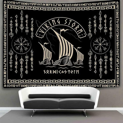 OSUNBD Viking Warship Tapestry Wall Hanging - Large 93x71 inches Storm & Celtic Runes on Soft Flannel Aesthetic Mythology Tapestries Norse Mythology Art for Bedroom, Living Room Decor
