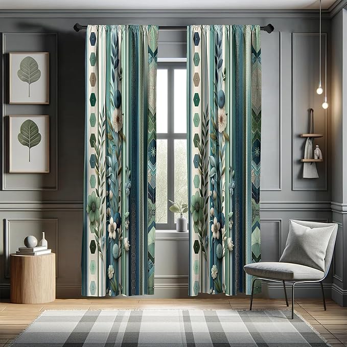 Ambesonne Bohemian Window Curtains Pack of 2, Hexagons Floral Botany Art in Cold Colors Ocean and Nature Tones, Lightweight Set with Rod Pocket, 4 Panels of - 28" x 95", Teal Green and Sea Blue