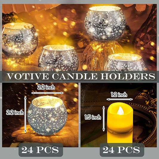 Rtteri 24 Set Votive Candle Holders Wedding Centerpiece Table Decorations Speckled Mercury Glass Votive Candle Holders with Tea Lights Birthday Party Decorations for Home (Silver)