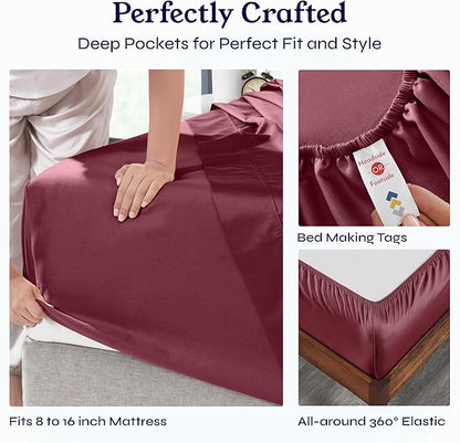 California Design Den Full Size Bed Sheets Set - Soft 400 Thread Count Sateen, Natural 100% Cotton Sheets with Deep Pockets, Breathable, Cooling and Durable Bedding Set - Burgundy Red