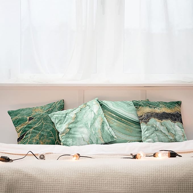 Ambesonne Marble Print Throw Pillow Cushion Case Pack of 4, Abstract Look Nature Stone Ornaments Modern with Minty Details Print, Modern Accent Double-Sided Digital Printing, 16", Jade Green Dark Grey