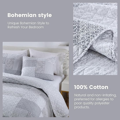 Secgo Queen Comforter Set for Bed - 100% Cotton Quilts Queen Size, Black Bedspreads (90 * 98 Inch) with 2 Pillow Shams, Patchwork Reversible Lightweight Bedding