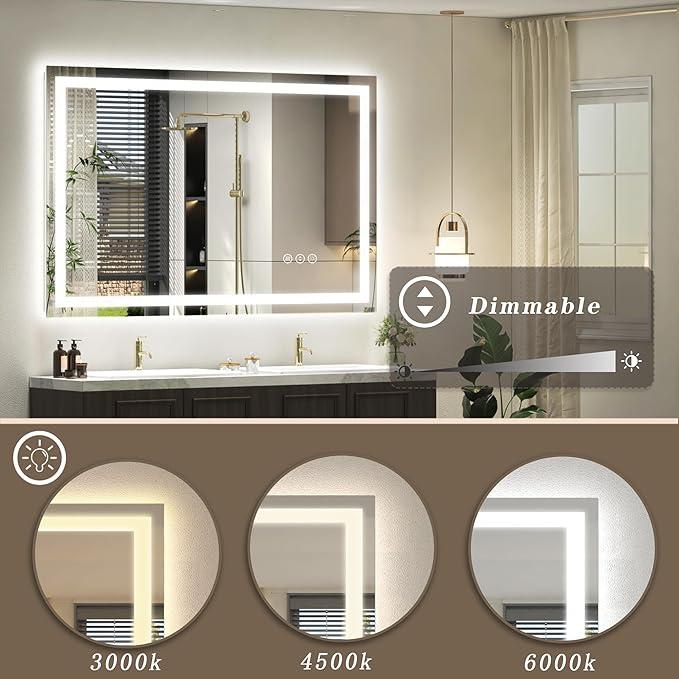 48x40 inch Large LED Mirror for Bathroom, Lighted Vanity Mirror for Wall, Dimmable, Anti-Fog, Shatter-Proof, ETL Listed (Front Lights + Backlit)