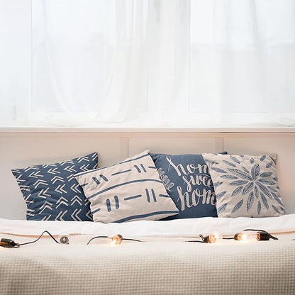 Ambesonne Modern Throw Pillow Cushion Case Pack of 4, Scandinavian Minimal Ornaments Boho Feather Leaves and Home Phrase, Modern Accent Double-Sided Digital Printing, 18", Pale Tan and Slate Blue