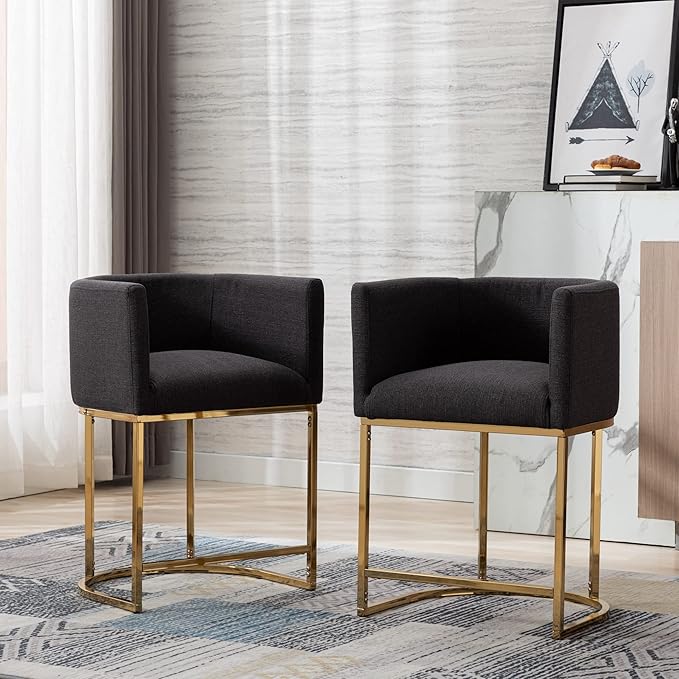 Modern Counter Height Linen Upholstered Bar Stools Set of 4, 24" Kitchen Counter Island Stools Bar Chairs with Gold Metal Frame for Kitchen Island, Charcoal