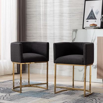 Modern Counter Height Linen Upholstered Bar Stools Set of 4, 24" Kitchen Counter Island Stools Bar Chairs with Gold Metal Frame for Kitchen Island, Charcoal