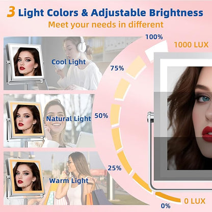 Ruacq Rechargeable Makeup Mirror, 4000mAh Lighted Makeup Mirror with Magnification 1X/10X, Height Adjustable Vanity Mirror with Lights, 3 Color Lights, Adjustable Brightness, 360°Rotation (Chrome)
