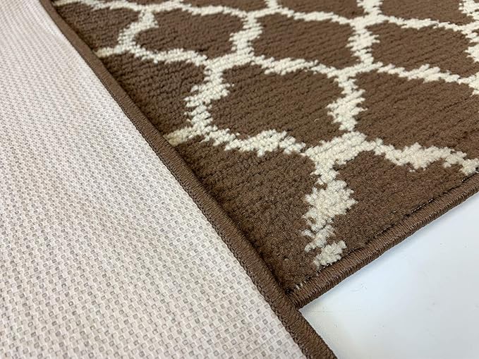 Custom Size Cut to Length Moroccan Trellis Design Runner Rug Mat For Wide Long Hallways with Non-Slip Rubber Backing, Better Traction for Pets, Prevent Slippage, Trellis Brown, 31 inch X 25 feet