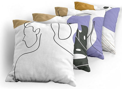 Ambesonne Minimal Throw Pillow Cushion Case Pack of 4, Modern Line Art Woman Portrait with Contemporary Leafy Geometric Details, Modern Accent Double-Sided Digital Printing, 20", Tan Amber Lavender