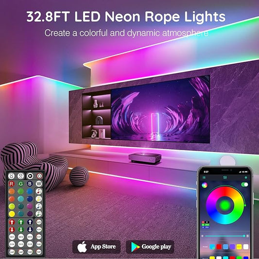 SINLEY Led Neon Rope Lights,Control with App/Remote,Flexible Led Rope Lights,Multiple Modes,IP68 Outdoor RGB Neon Lights Waterproof,Music (32.8FT)