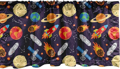 Ambesonne Space Window Valance, Universe Themed Illustration with Earth Moon Constellations Saturn Rockets Stars, Curtain Valance for Kitchen Bedroom Decor with Rod Pocket, 42" x 12", Dark Night Blue