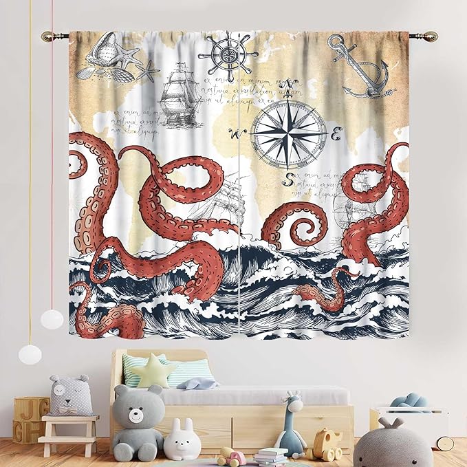 Nautical Octopus Curtains, Coastal Old Pirate Map Sailboat Compass Ocean Wave Kraken Octopus Tentacles Vintage Window Drapery Treatment for Bedroom Living Room Kitchen Bathroom 2 Panels, 55"x63" Inch