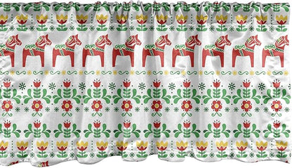 Ambesonne Folk Art Window Valance Pack of 2, Scandinavian Themed Pattern of Swedish Dala Horse and Flowers, Rod Pocket Curtain Valances for Kitchen Bedroom, 54" X 12", Green Vermilion