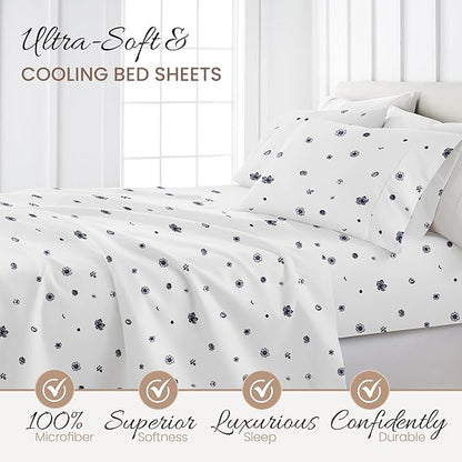 Linen Market Double-Brushed Patterned Microfiber Full Sheet Set 4 Piece – Oeko-TEX Certified Ultra Soft & Wrinkle-Free - 16" Deep Pocket Sheets - Easy Care Full Size - Indigo Flowers Navy