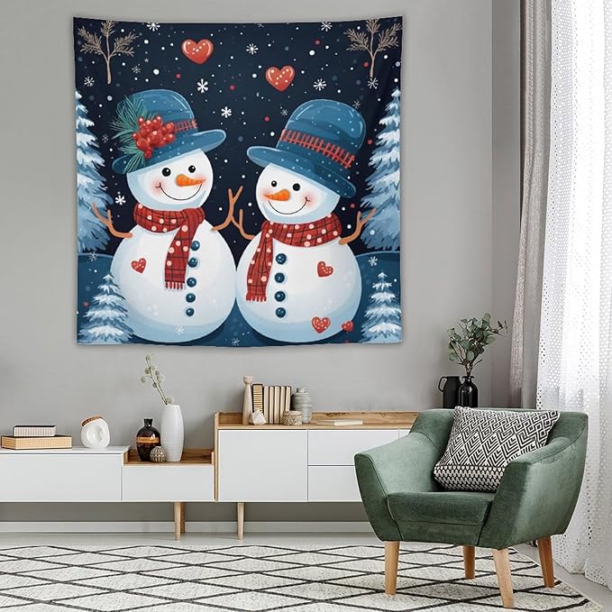 Tapestry Snowman Couple Wall Hanging Wall Tapestry Aesthetic Vintage Christmas Cute Snowman Tapestry Wall Hanging for Bedroom Aesthetic Home Decor Landscape 60"x60" Christmas Family Party