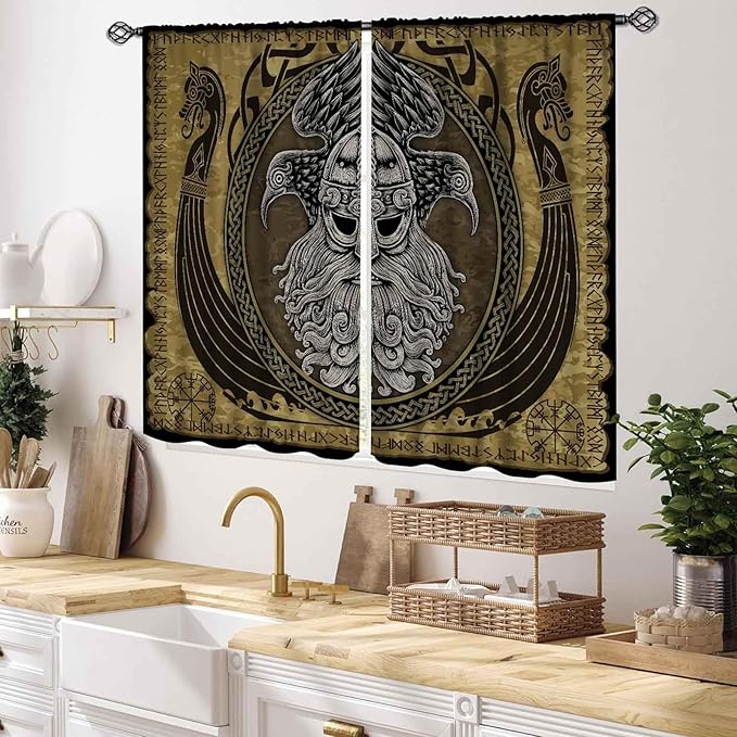 Norse Viking Curtains, Nordic Warriors Sword Celtic Rune Scandinavian Aesthetic Nation Valknut Mythology Window Drapery for Bedroom Living Room Bathroom 2 Panels, 55x39 Inch