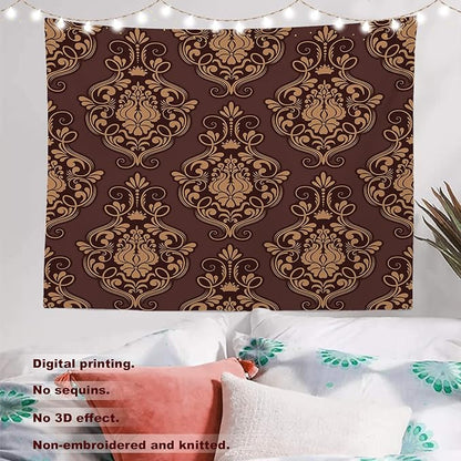 Batmerry Brown Damask Floral Tapestry, Vintage Golden Brown Damask Pattern Wall Art Hanging Decoration Polyester Fiber White Ruffled Around for Dorm Room Bedroom Living Room, 59.1x82.7 inches