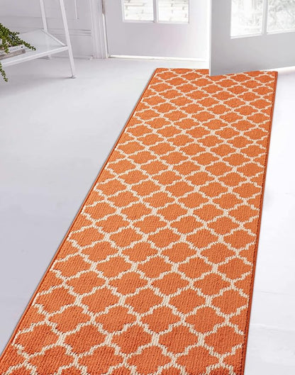 Custom Size Moroccan Trellis Runner Rug Mat for Wide Hallway Entryway Kitchen Laundry Room with Slip Resistant Latex Rubber Backing, Trellis Orange, 31 inch X 8 feet