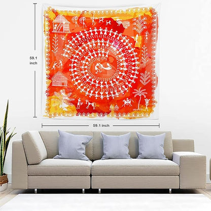 Batmerry Tribal Art Abstract Tapestry, Traditional Ancient Tribal Indian Rural Wall Art Hanging Decoration Polyester Fiber White Ruffled Around for Dorm Room Bedroom Living Room, 59.1x59.1 inches