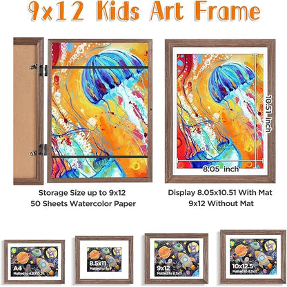KINLINK 9x12 Kids Art Frames Set of 2, Solid Wood Kids Artwork Frames Changeable with Acrylic Front Opening Holds 150 Pictures, Art Frame for Kids Artwork with Mat or without Mat, Brown Wood