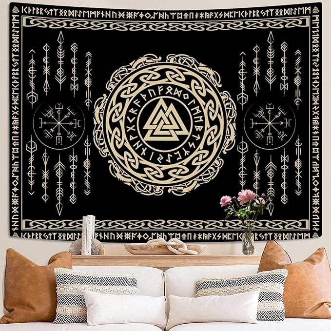OSUNBD Nordic Viking Tapestry Wall Hanging - Small 40x30inches Soft Flannel with Valknut, Celtic Runes & Norse Mythology Scandinavian for Bedroom, Living Room Decor