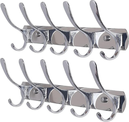 SKOLOO Coat Rack Wall Mount - Modern, Metal Wall Coat Rack with 5 Hooks, Pack of 2, Sturdy Wall Hook Rack Rail for Hanging Coat, Jacket, Clothes, Hat, Silver