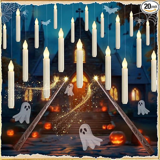 Homemory Hanging 20 Pcs Floating Candles with 2 Wand Remote and String, Flying Flameless LED Taper Candles Warm White Light, Battery Operated Window Candle for Halloween Christmas Party