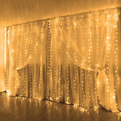 FUNPENY Window Curtain String Lights, 300 LED 8 Lighting Modes Fairy Lights USB Powered, Waterproof Lights for Christmas Bedroom Party Wedding Home Garden Wall Decorations, Warm White