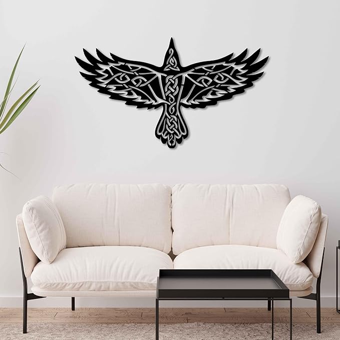 KAWA METALWORKS Nordic Viking Raven Metal Wall Art Decor, Norse Mythology Sculpture, Odin's Raven Wall Decor (White, Large - 20.4" x 36" H x W)