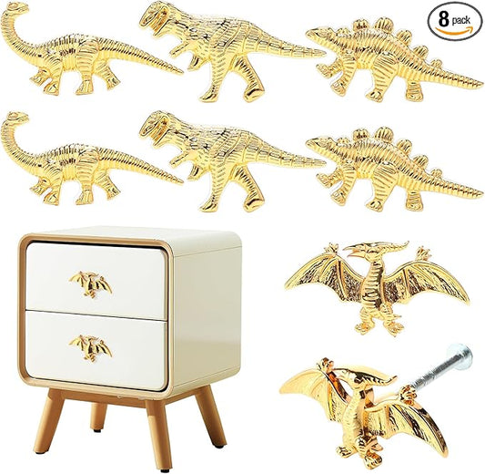 8 Pack Metal Dinosaur Knobs for Kids Furniture - 5 Dino Mix Gold Finish Drawer Pulls & Cabinet Handles, Scratch-Resistant (Assorted Styles)