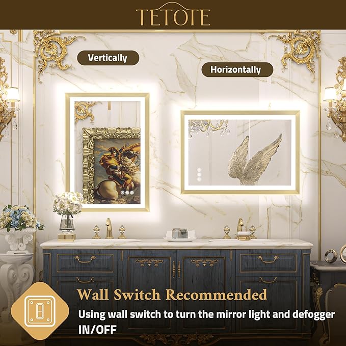 TETOTE Gold LED Bathroom Mirror with Lights 55x36 Front & Back Light Vanity Framed Mirror Baroque Anti Fog Dimmable White/Warm/Natural,CRI90+,Waterproof,Wall Mounted(Horizontal/Vertical)