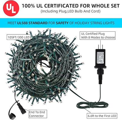 105FT 300LEDs Christmas Lights Outdoor Indoor 8 Modes for Christmas Tree Party Decoration, 100% UL Listed (Warm White)