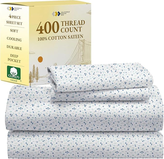 California Design Den Floral Printed Queen Sheet Set - Luxury 400 Thread Count Sateen, Natural 100% Cotton Sheets, Deep Pockets, Cooling and Durable Bedding Set - Blooming Meadows