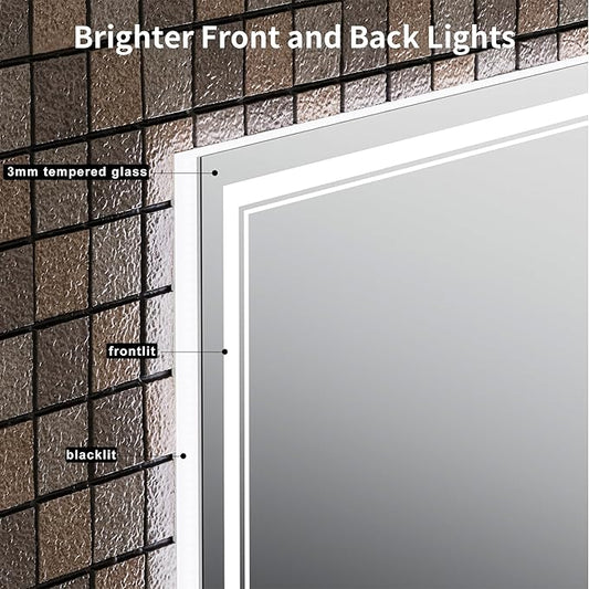 48''x30'' Lighted Mirrors for Bathroom Wall Backlit + Front Lit, Rectangular LED Bathroom Mirror Frameless with Lights Anti Fog, Dimmable, 3 Colors,Tempered Glass, Shatter-Proof