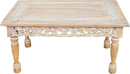 Rectangular Wooden Coffee Table 36x24x18 Inch – Beige Finish with Cutwork Jali Carving, Rustic Farmhouse Style, Mid-Century Modern Living Room Furniture