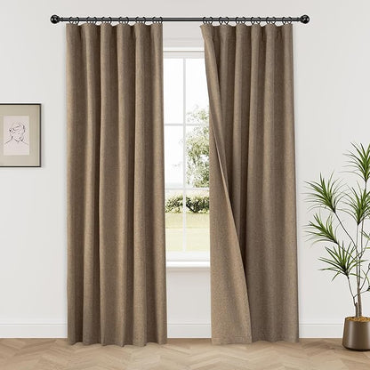 KangBang Brown Linen Blackout Curtains for Bedroom Living Room, Thermal Insulated Rustic Linen Woven Sandstone Curtains 84 Inches Length 2 Panels Set, Back Tab/Rod Pocket/Hook Belt, 52x84 Inch
