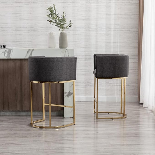Modern Counter Height Linen Upholstered Bar Stools Set of 4, 29" Kitchen Counter Island Stools Bar Chairs with Gold Metal Frame for Kitchen Island, Charcoal