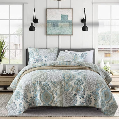 Secgo Queen Size Comforter Set- 100% Cotton Quilt Queen Size Set, Green, Sage bedspreads (90 * 96 Inch) with 2 Pillow Shams, Patchwork Reversible Lightweight Bedding