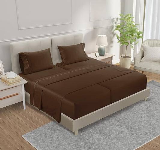 100% Cotton Sheets Split King Size Sheets Set with Fitted Sheet & Pillowcase Sets, 800 TC Sateen Weave 4 PC Deep Pocket Split King Sheet Set, Soft & Comfy Naturally Cool Luxury Bedding – Chocolate