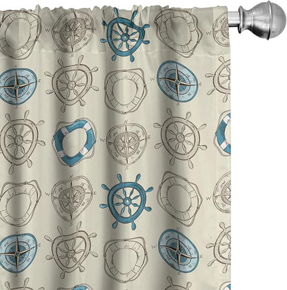 Ambesonne Compass Window Curtains, Marine Themed Doodle Art Vintage Inspirations Traveling Exploration Cruise Pattern, Lightweight Decor 2-Panel Set with Rod Pocket, Pair of - 28" x 63", Beige Teal