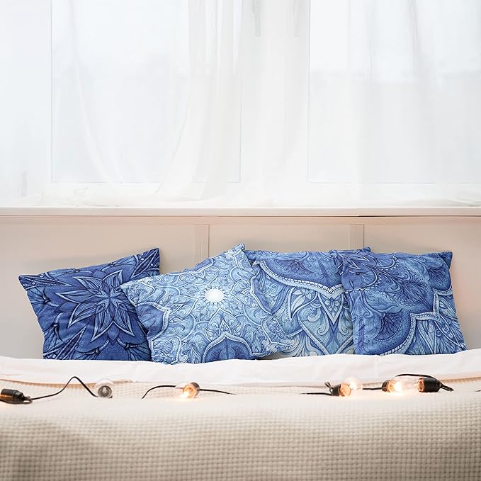 Ambesonne Ethnic Throw Pillow Cushion Case Pack of 4, Mandala Inspired Folk Art Themed Creative Motifs Mosaic Like Illustration Print, Modern Accent Double-Sided Digital Printing, 18", Blue White