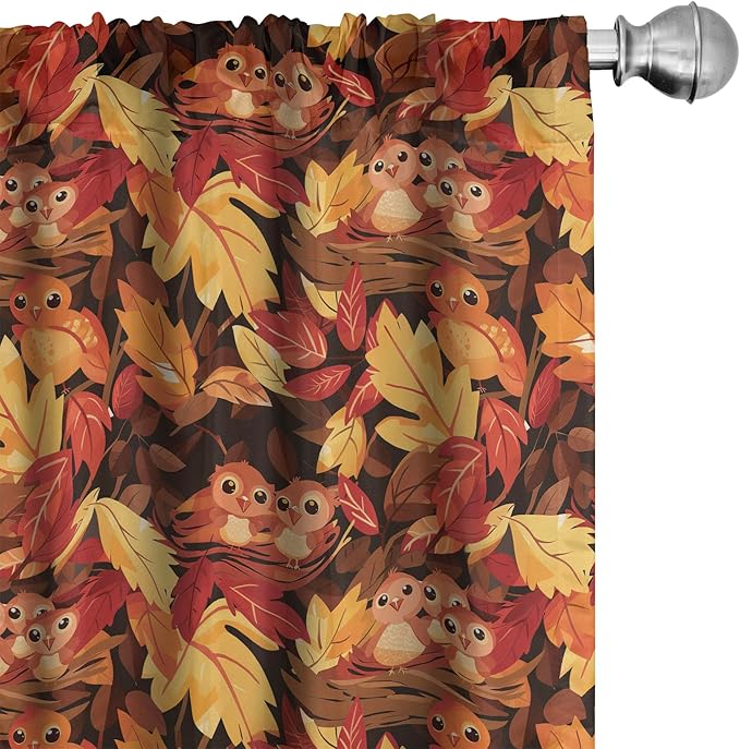 Ambesonne Fall Curtains, Happy Autumnal Colors with Birds in Nests Cartoon Illustration Print, Window Treatments 2 Panel Set for Living Room Bedroom, Pair of - 28" x 63", Cinnamon Amber and Orange
