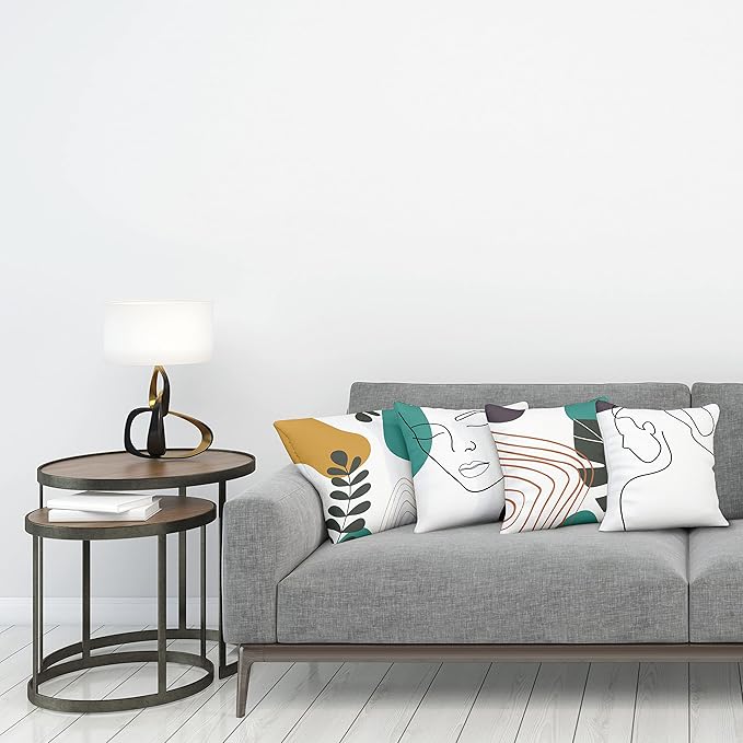 Ambesonne Minimal Throw Pillow Cushion Case Pack of 4, Modern Line Art Woman Portrait Contemporary Leafy Geometric Details, Modern Accent Double-Sided Digital Printing, 24", Teal Dark Purple Mustard