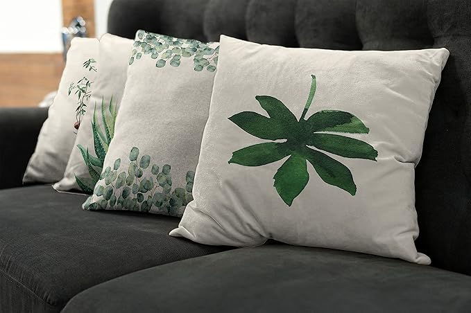 Ambesonne Botanical Throw Pillow Cushion Case Pack of 4, Minimalist Watercolor Painting Leaves Agave Branches Plant in a Pot, Modern Accent Double-Sided Digital Printing, 24", Green White Pale Rust