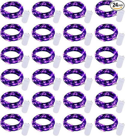 Brightown 24 Pack Fairy Lights Battery Operated, Halloween String Lights Waterproof Black Wire 7 ft 20 LED Firefly Starry Lights for Hallowen Decorations DIY Paper Lantern Craft Pumpkin (Purple)
