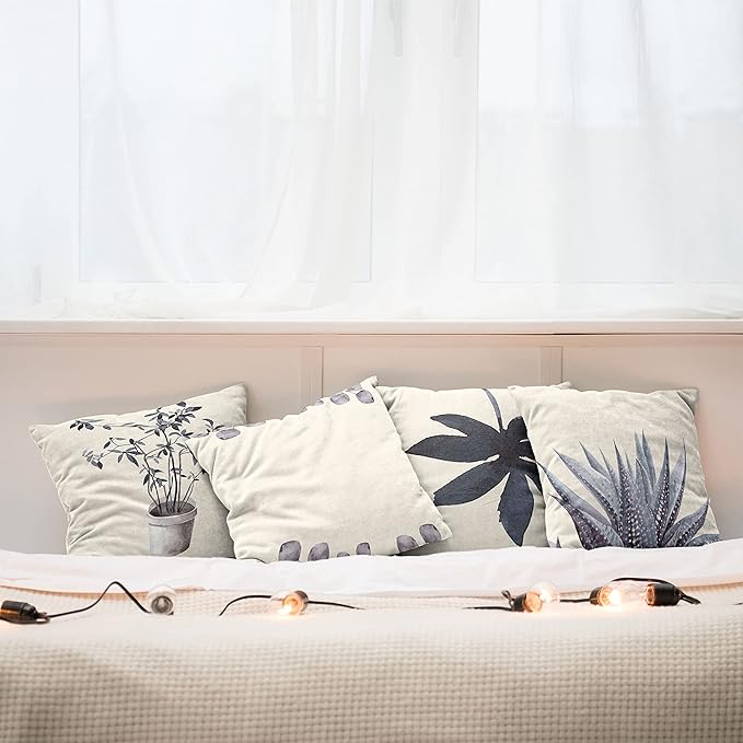 Ambesonne Botanical Throw Pillow Cushion Case Pack of 4, Minimalist Watercolor Painting Leaves Agave Branches Plant in a Pot, Modern Accent Double-Sided Digital Printing, 16", Purpleblue and Dimgray