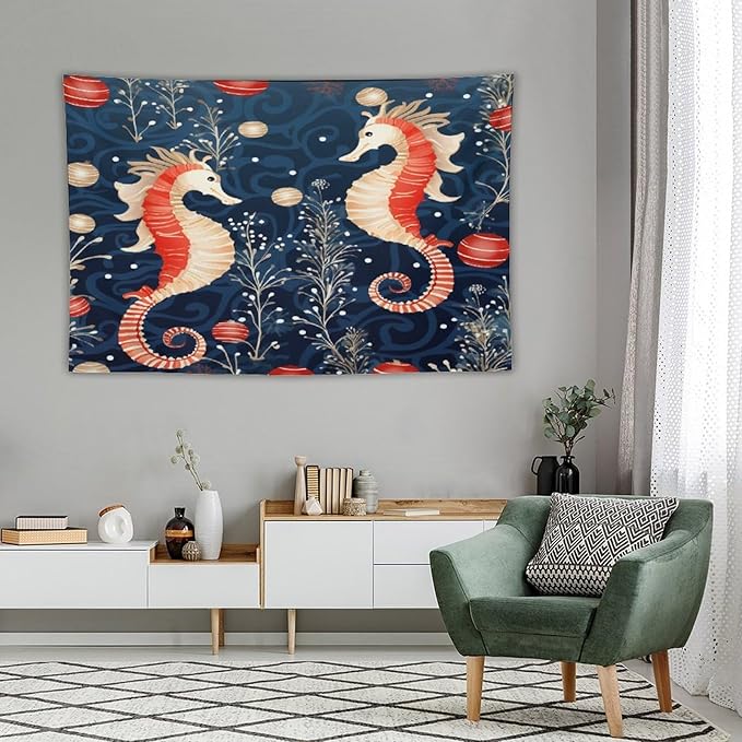Seahorse Christmas Kiss Beach Tapestry As Wall Art Coastal Nautical Bedroom Tapestries Landscape Tapestry Wall Hanging for Bedroom Living Room Dorm Decor 40"x60" Christmas Family Party